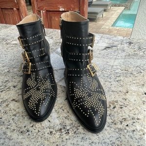 Chloe Susanna Short Boot, Black w/gold studs, SZ 37, NWT